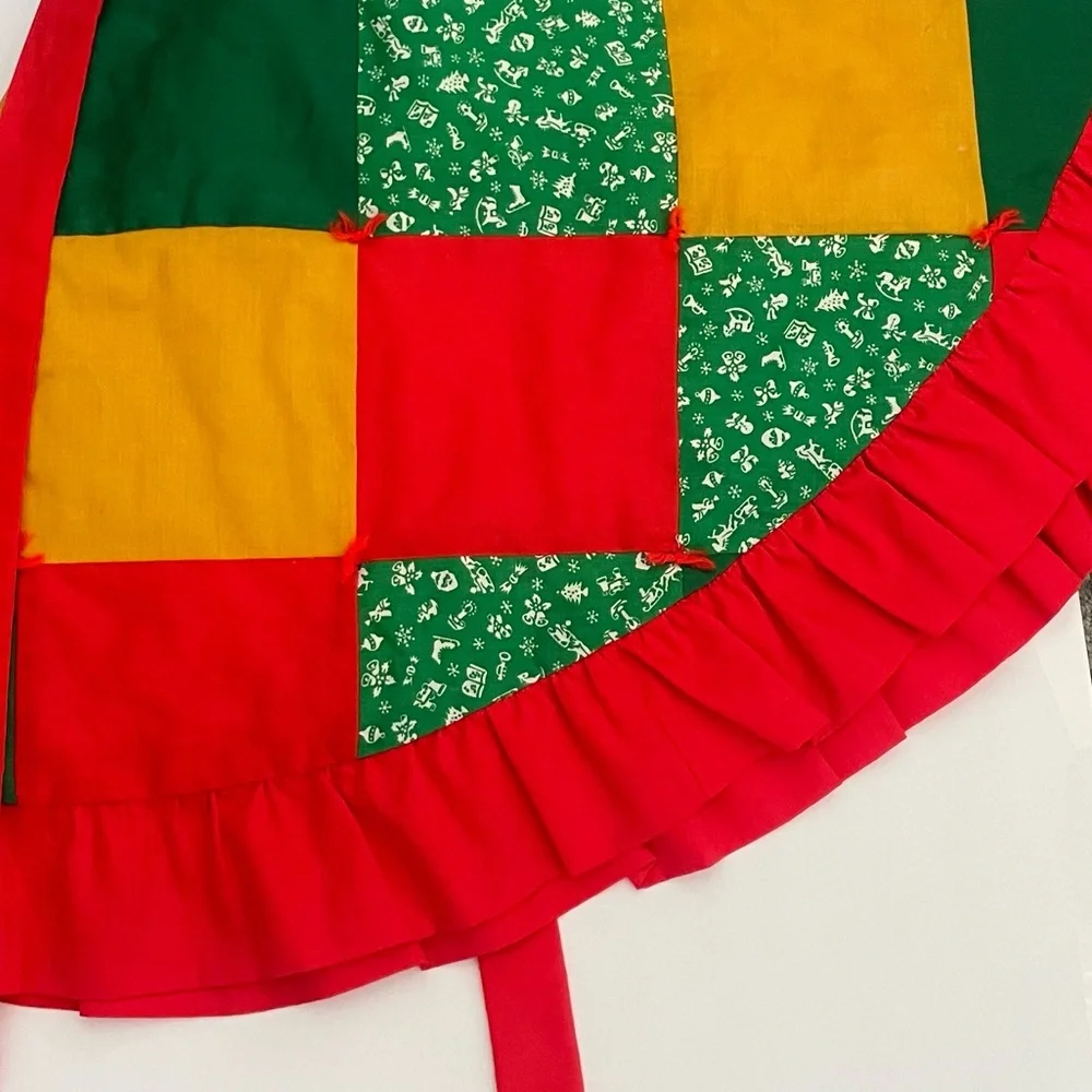 Vintage Handmade Patchwork Multicolor tree skirt with ruffle Red, Green, Gold